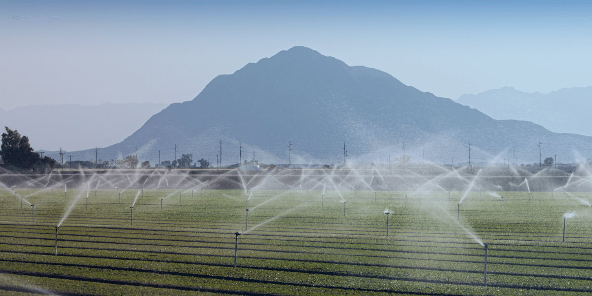 água irrigando o campo com uma montanha atrás