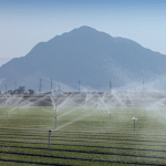 água irrigando o campo com uma montanha atrás